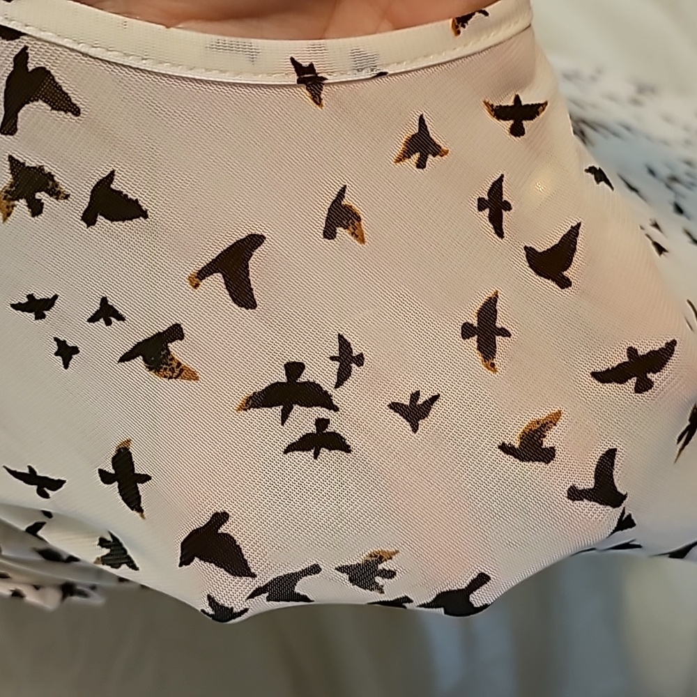 Womans Shear Sleeveless Top by Ember. Bird print. Size Large. Tie Collar. - Picture 4 of 8